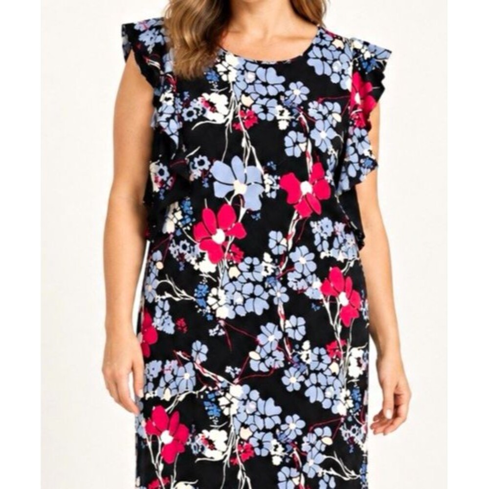 Kaari Blue Floral Shift Dress Women's M Black Pink Blue Ruffle Sleeve Knee